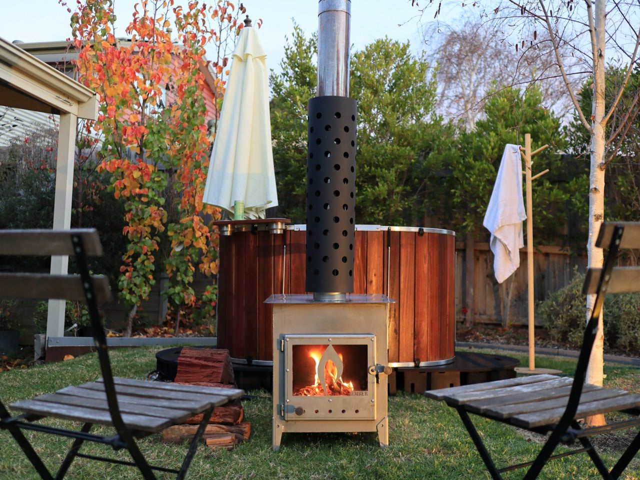 Wood-Fired Hot Tub, Small, Fire